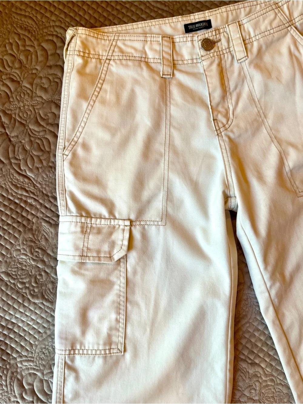 True Religion Men’s Off-White Cargo Pants - Utility Pocket Detail